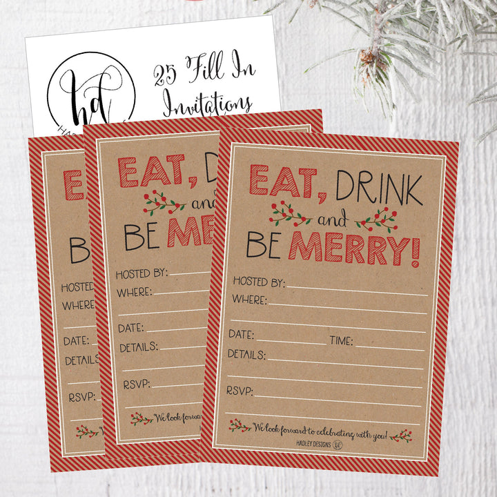 25 Rustic Holiday Party Invitations, Christmas Xmas Dinner Invite, Winter Birthday Festive Event Themed Card Ideas, Kraft Eat Drink Merry Red Adults Bday Supplies, Printable Template