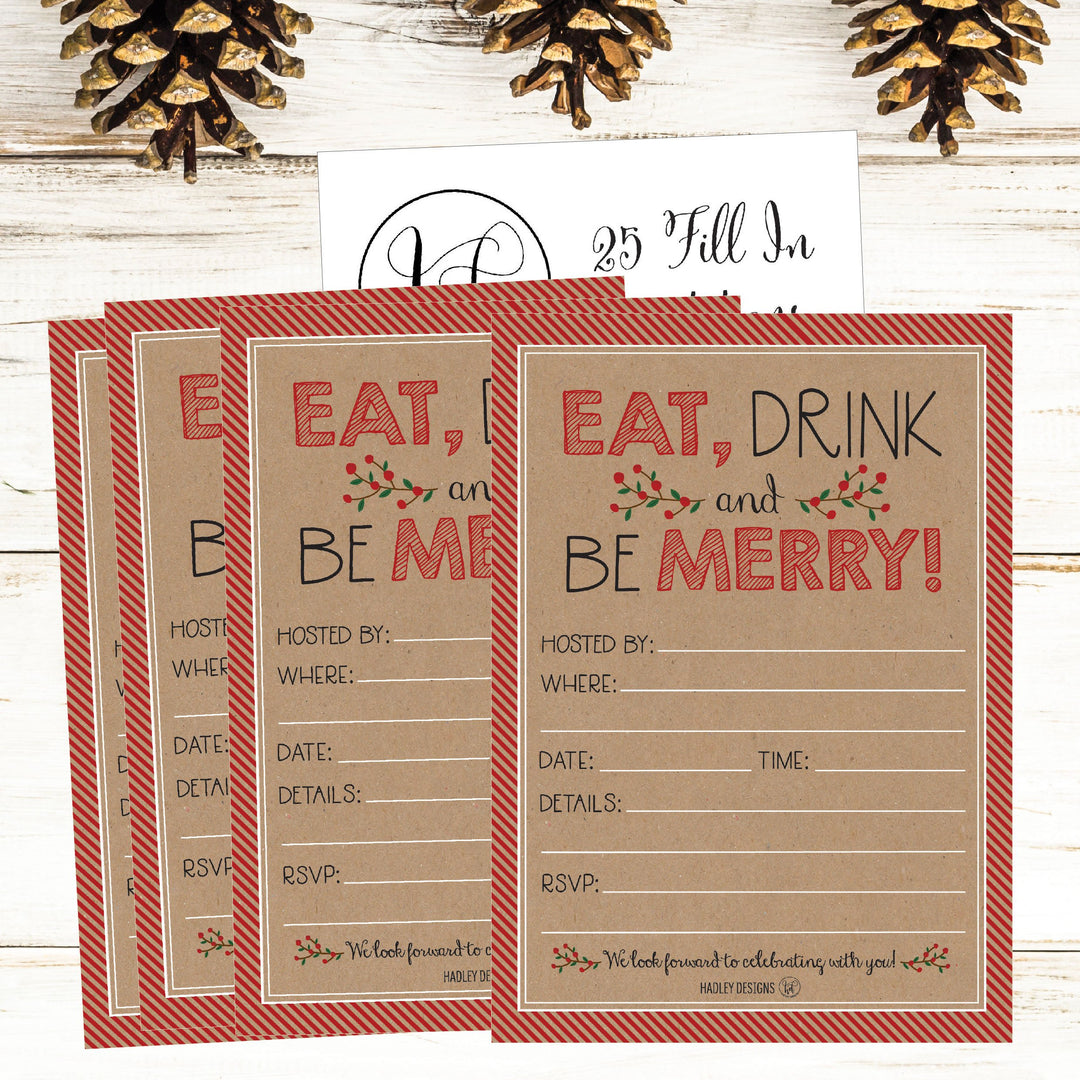 25 Rustic Holiday Party Invitations, Christmas Xmas Dinner Invite, Winter Birthday Festive Event Themed Card Ideas, Kraft Eat Drink Merry Red Adults Bday Supplies, Printable Template