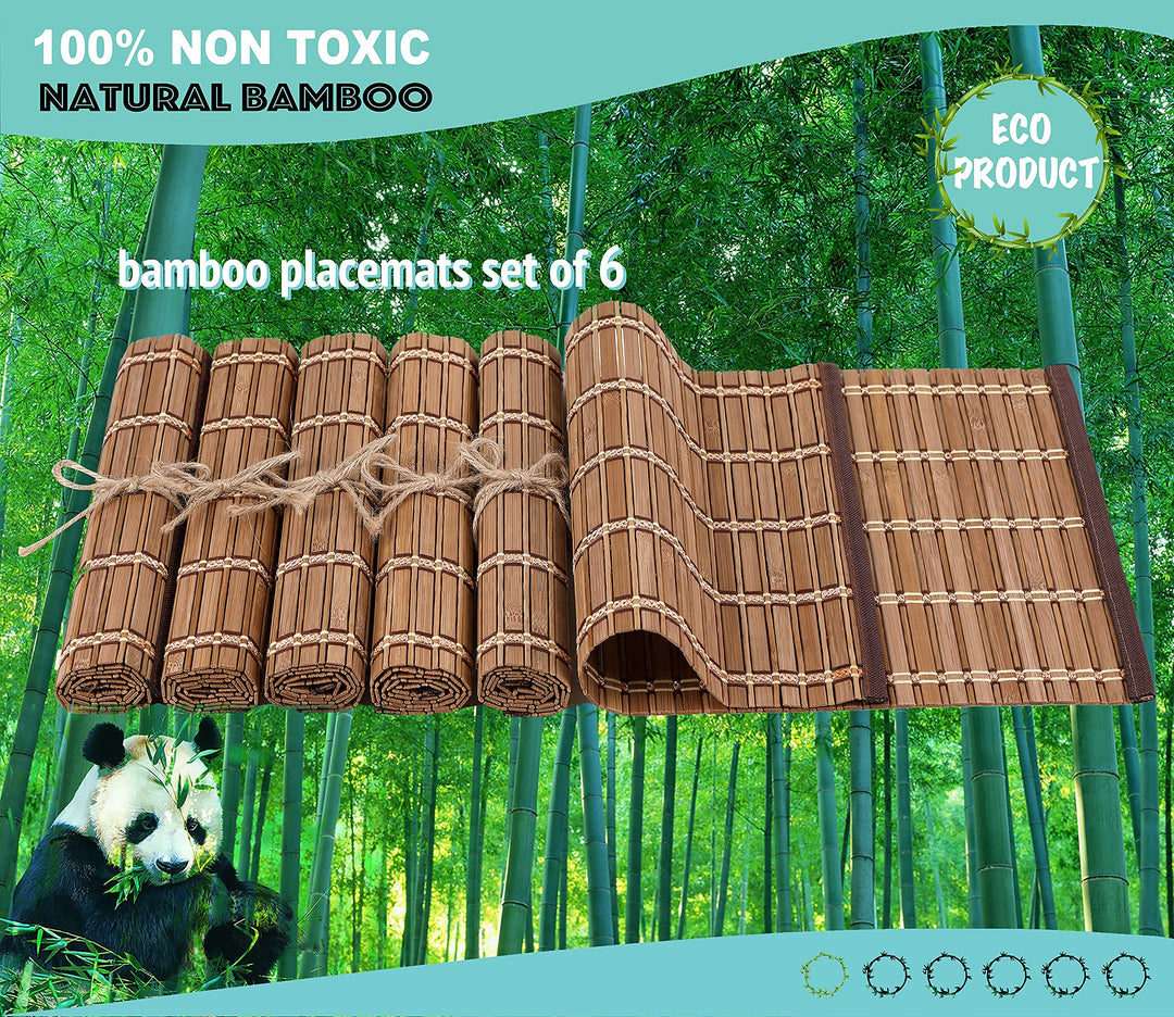 Natural Bamboo Table Wood Placemats Set of 6, Rustic Wooden Placemats for Dinner Table Kitchen Protection Bamboo Table Mat, Modern Placemats