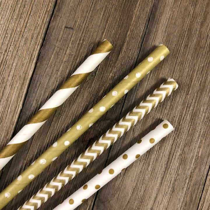 Gold Paper Straws - Stripe Chevron Polka Dot - 7.75 Inc