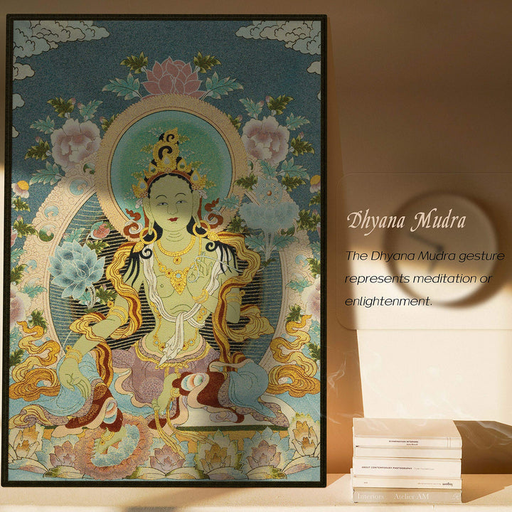 Silk Embroidery Tibetan Thangka with Buddhism Green Tara Wall Hanging for Home Décor Tapestry Meditation