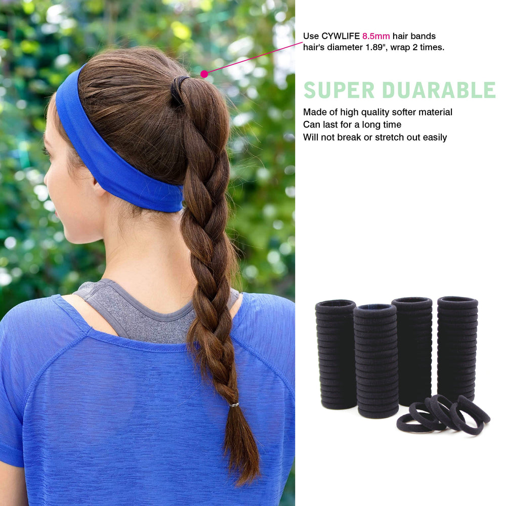 Hair Ties Rubber Bands For Women Girls Thick Curly Hair, 100 Pcs Black, 8.5Mm No Crease Cotton Seamless Ponytail Holders Scrunchie For Kids Men, No Damage No Slip Soft Hair Elastics