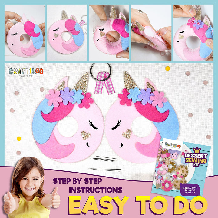 12 Pre-Cut Mini Treats Dessert Fun Kids Sewing Kit for Kids Ages 8-12 Children Beginners Sewing kit kid crafts Make Your Own Felt Pillow Plush Craft Kit Girls and Boys Art Craft Kits Learn to Sew Kit