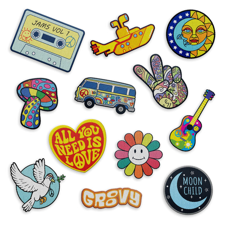 Iron on Hippie Patches Retro - | The Beatles Set of 12 Iron On Vintage Patches for Backpacks, Cute Jean Peace Sign Patches for Clothes (Set 4)
