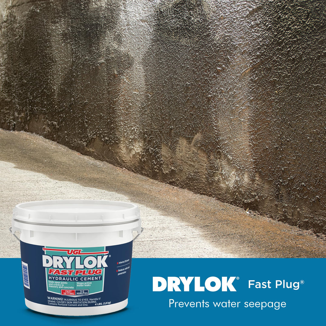 UGL DRYLOK Fast Plug Hydraulic Cement, 4 lb – Stops Water Leaks Instantly, Sets in 3-5 Minutes, Ideal for Masonry Cracks, Gray