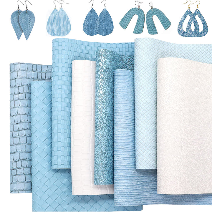 8Pcs/Set New Weave Embossed Textured Faux Leather Sheets Blue Series Mixed Woven Lattice Striped Vinyl Fabric A4 8 x 12 Inch for Making Bohemia Earrings Hair Bow Handbag and DIY Crafts
