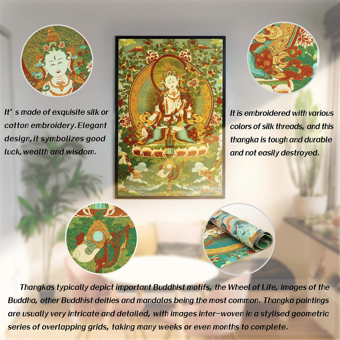 Silk Embroidery Tibetan White Tara Thangka Tapestry Wall Hanging Wall Art for Home Décor Meditation