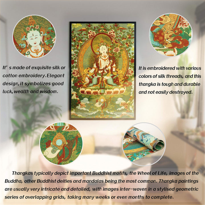 Silk Embroidery Tibetan White Tara Thangka Tapestry Wall Hanging Wall Art for Home Décor Meditation