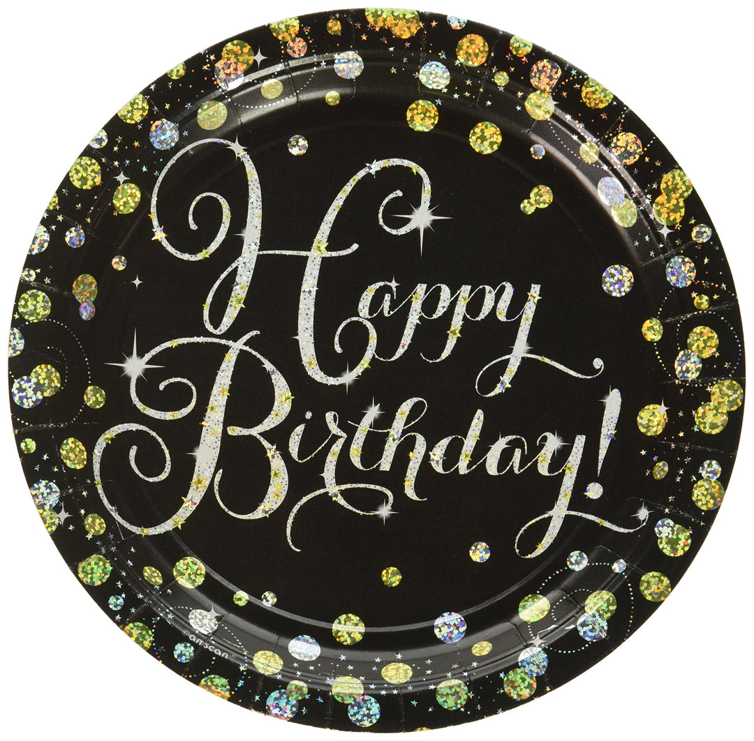 Amscan 551873 Sparkling Celebration Round Prismatic Plates, 9, Happy Birthday, Multi Color