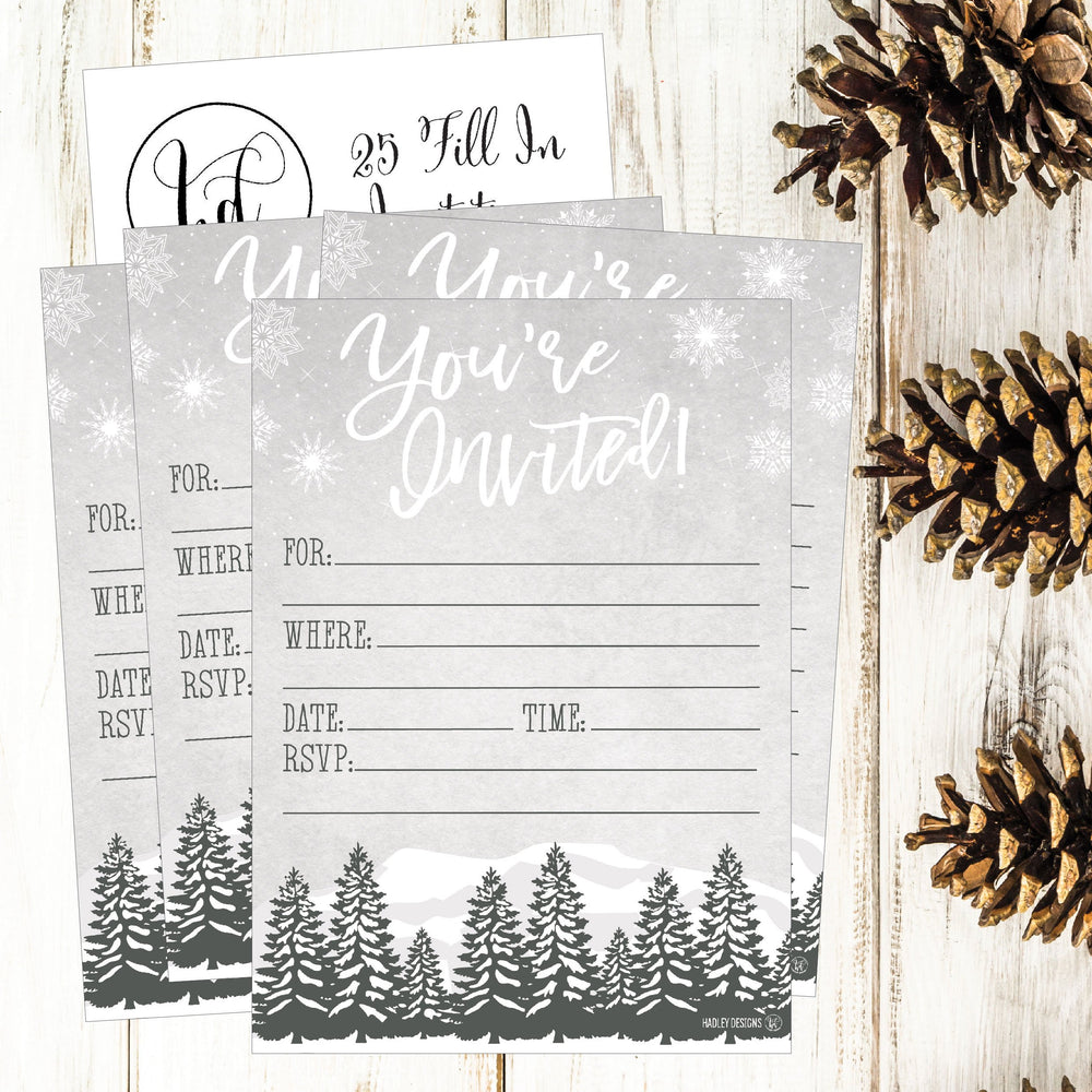 25 Woodland Christmas Holiday Invitations, Snowflake Winter New Years Bridal Or Baby Shower Invite Adult Kids Birthday Invitation Wedding Rehearsal Dinner Invites, Reception Anniversary, Housewarming