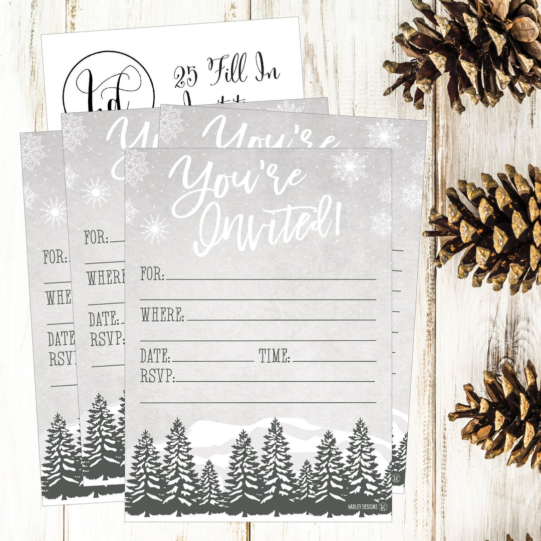 25 Woodland Christmas Holiday Invitations, Snowflake Winter New Years Bridal Or Baby Shower Invite Adult Kids Birthday Invitation Wedding Rehearsal Dinner Invites, Reception Anniversary, Housewarming