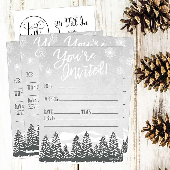 25 Woodland Christmas Holiday Invitations, Snowflake Winter New Years Bridal Or Baby Shower Invite Adult Kids Birthday Invitation Wedding Rehearsal Dinner Invites, Reception Anniversary, Housewarming