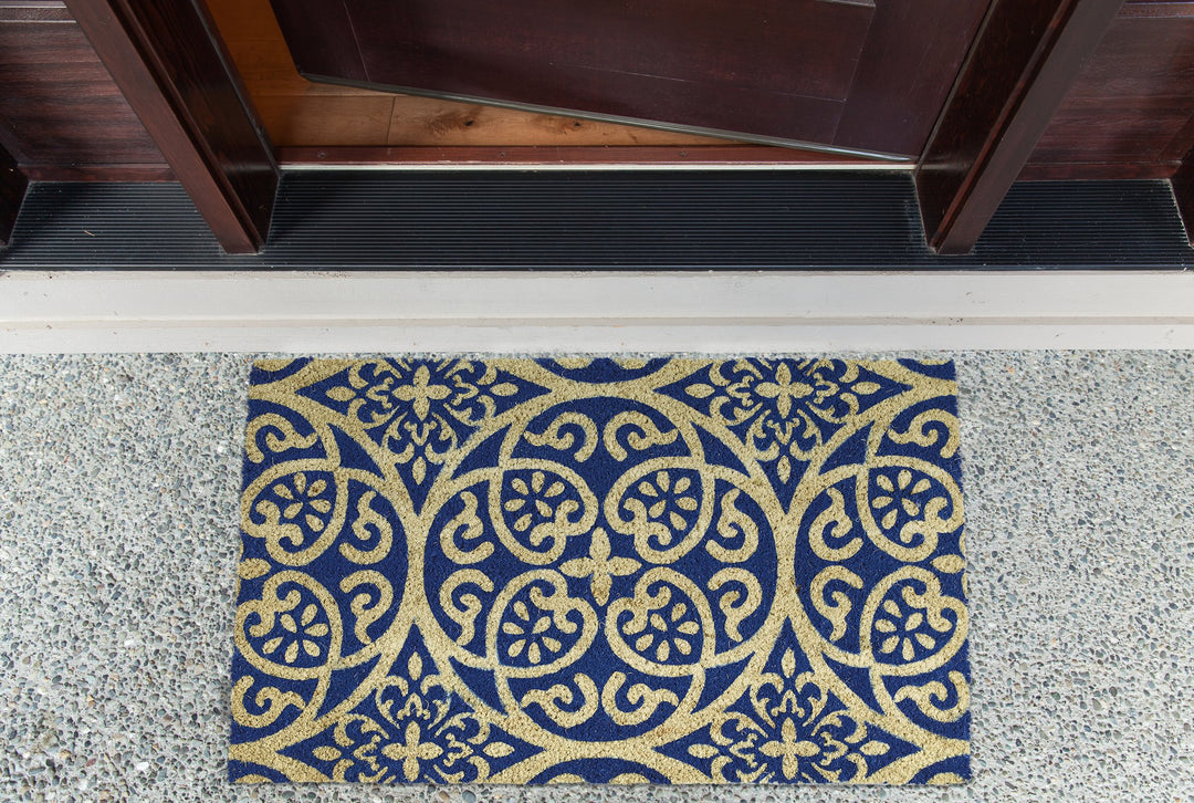 Natural Coir Geometric Modern Outdoor Door Mat, Front Porch Décor, 17x29, Blue Tunisia Scroll