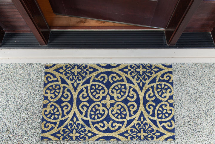 Natural Coir Geometric Modern Outdoor Door Mat, Front Porch Décor, 17x29, Blue Tunisia Scroll