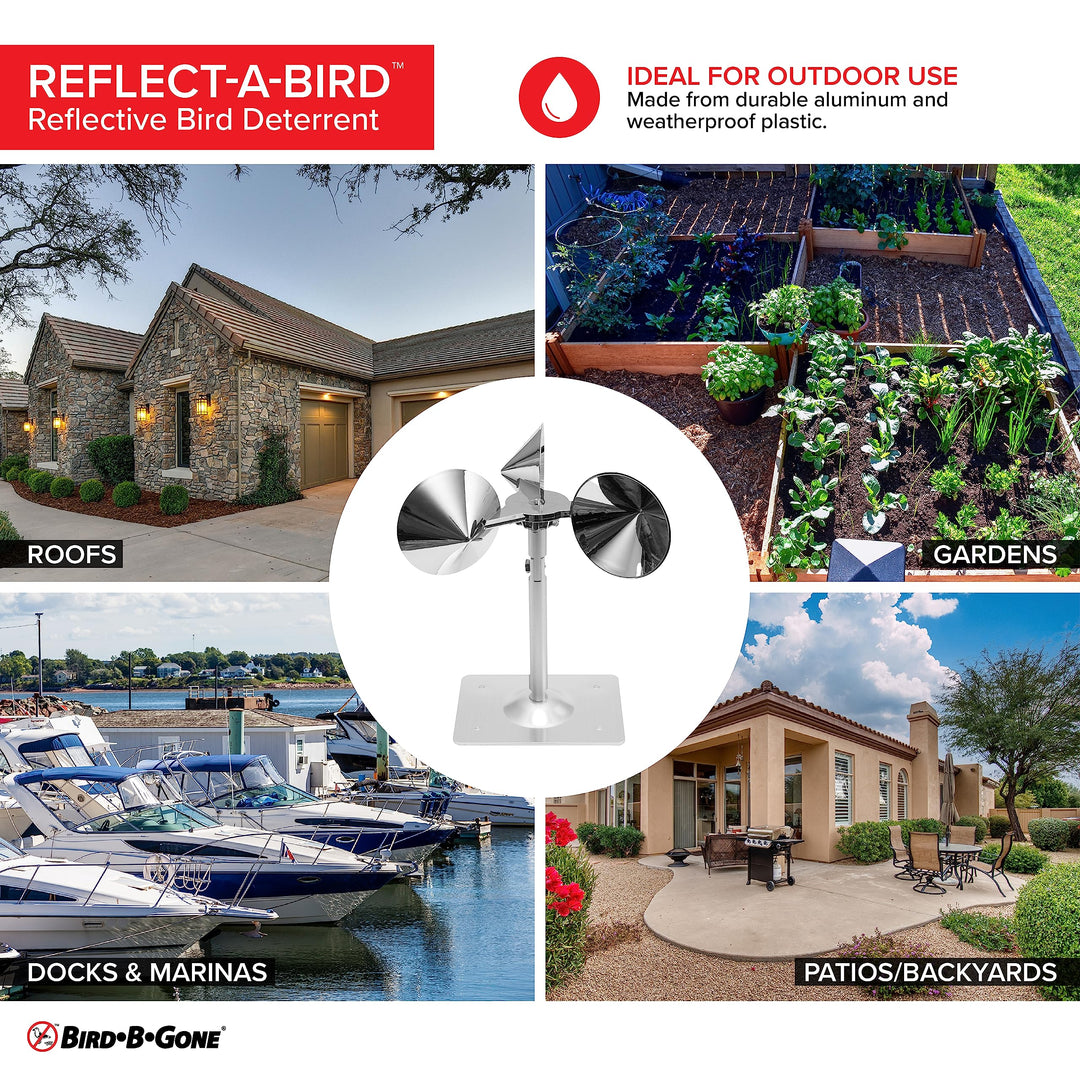 Bird B Gone - Reflect-A-Bird - Reflective Spinning Deterrent - Repels Pigeons, Sparrows, &amp; Woodpeckers - Wind Powered - for Gardens, Railings, Roofs, Etc - Weatherproof Aluminum - Adjustable Neck