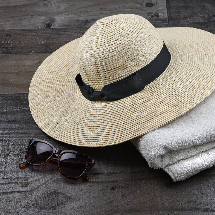 Women Floppy Sun Hat with Wide Brim—Foldable Roll-Up Straw Beach Hat UPF 50 Beige