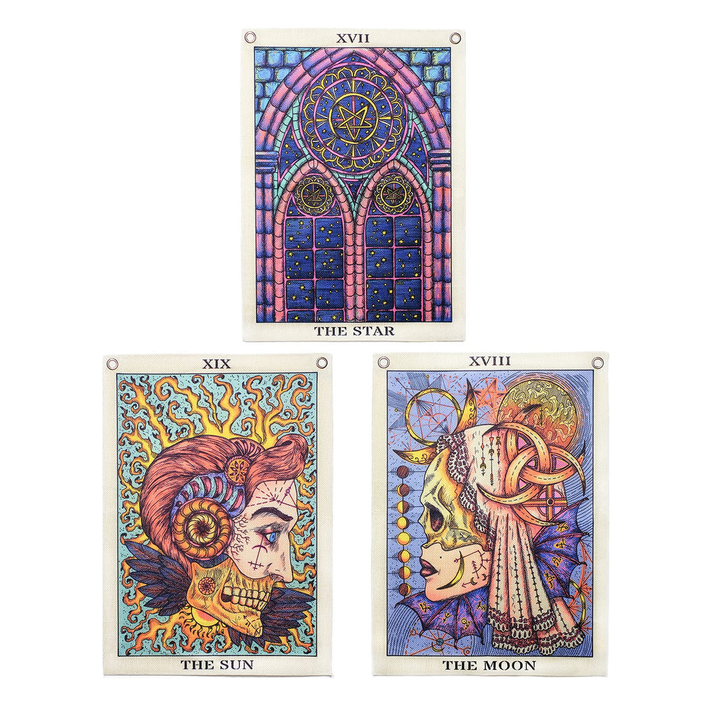 Tarot Tapestry Blacklight Tapestry UV Reactive Sun Moon Wall Trippy Tapestry for Bedroom Aesthetic (Sun Moon Star Set, 13''x18''Each)