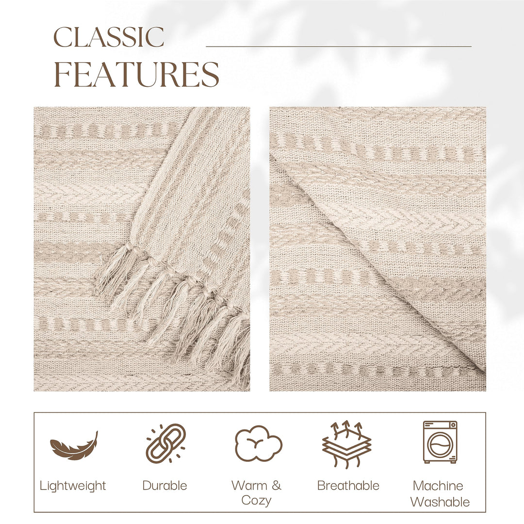 Farmhouse Throw Blanket Boho Living Room Decor Brown Cotton Stripe Cozy Bed Blankets with Fringe Soft and Luxury for Couch 50 x 60 Inches Warm Sand