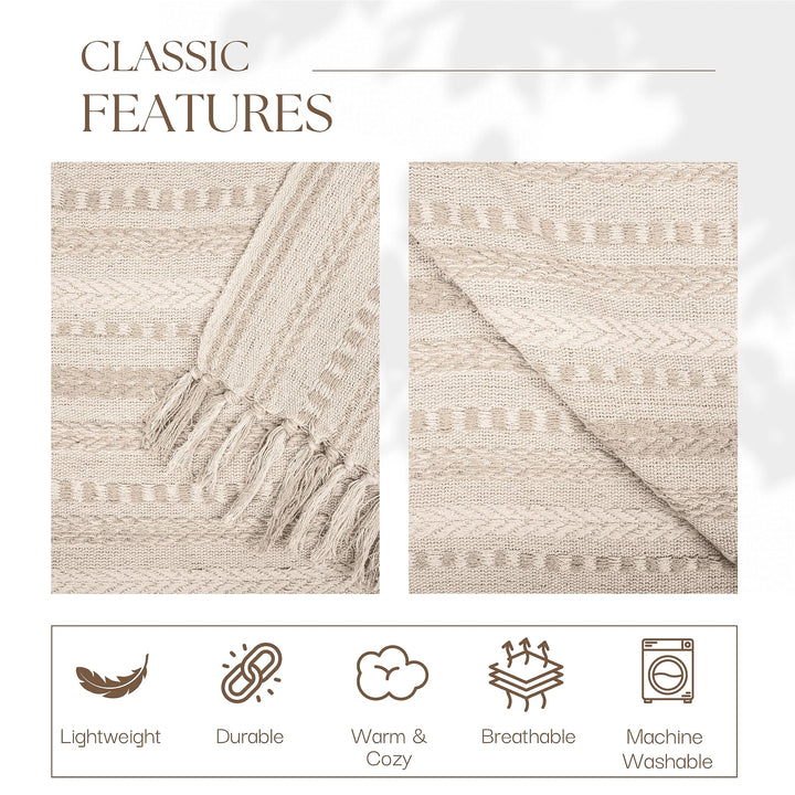 Farmhouse Throw Blanket Boho Living Room Decor Brown Cotton Stripe Cozy Bed Blankets with Fringe Soft and Luxury for Couch 50 x 60 Inches Warm Sand