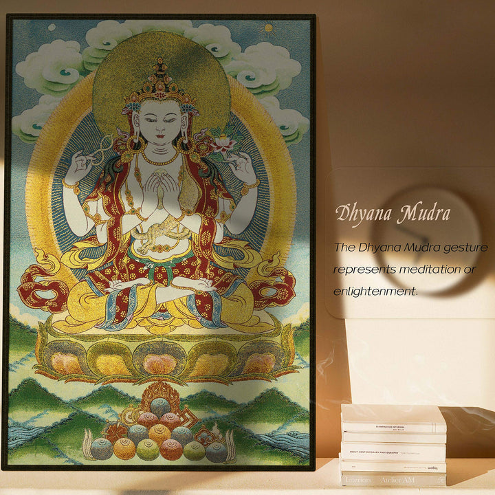 Silk Embroidery Tibetan Thangka with Four Arms Kwan Yin Avalokitesvara Wall Hanging for Home Décor Tapestry Meditation