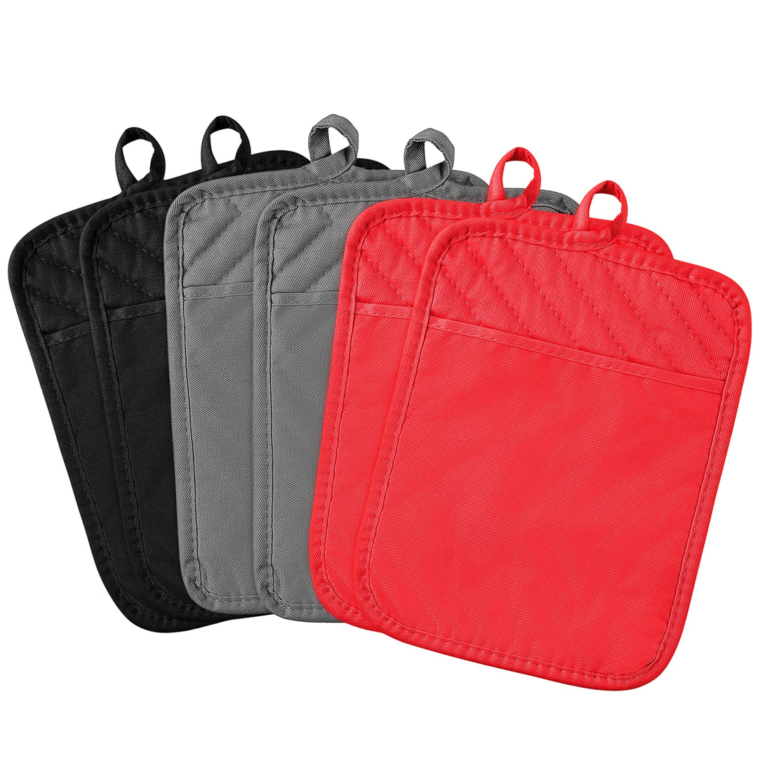 6Pcs Pot Holder with Pocket for Kitchen Black Grey Red Pocket Pot Holder Cotton Heat Resistant Potholder Coffee Coaster Kitchen Hot Pad Oven Mitts Hot Pads Trivet for Baking Cooking 7&#39;&#39;x9&#39;&#39;