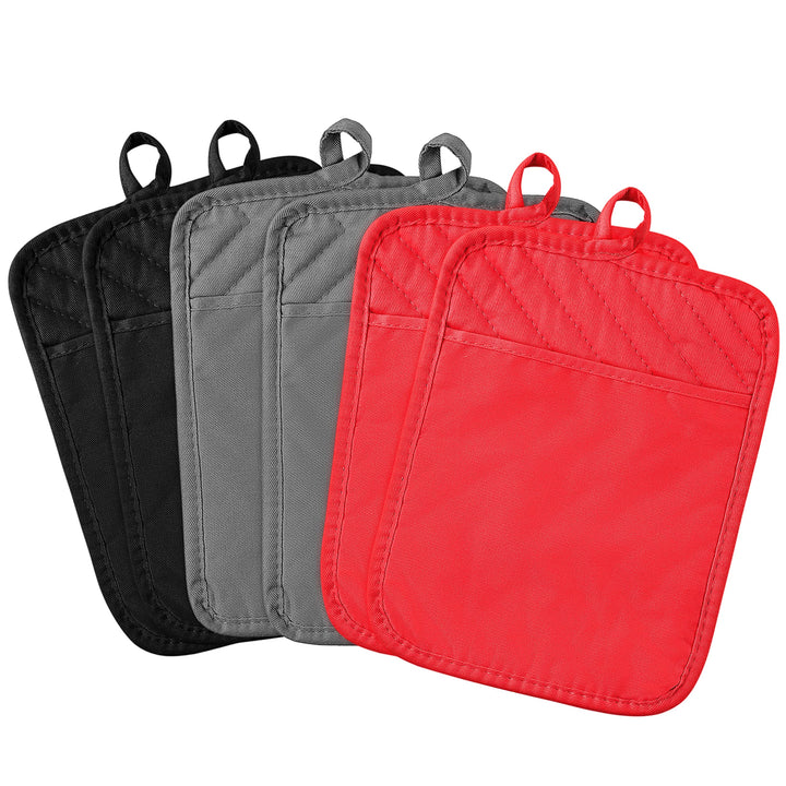 6Pcs Pot Holder with Pocket for Kitchen Black Grey Red Pocket Pot Holder Cotton Heat Resistant Potholder Coffee Coaster Kitchen Hot Pad Oven Mitts Hot Pads Trivet for Baking Cooking 7&#39;&#39;x9&#39;&#39;
