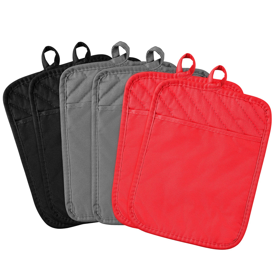 6Pcs Pot Holder with Pocket for Kitchen Black Grey Red Pocket Pot Holder Cotton Heat Resistant Potholder Coffee Coaster Kitchen Hot Pad Oven Mitts Hot Pads Trivet for Baking Cooking 7''x9''