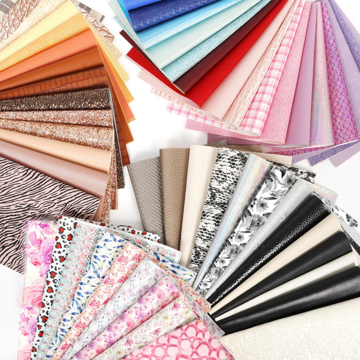 30 Pieces Random Colors Faux Leather Sheets 8X 6Inch Multiple Styles Mixed Glitter Grain Texture Embossed Pattern Printed Colored Leather for Earrings Making Hair Bow and Crafts DIY