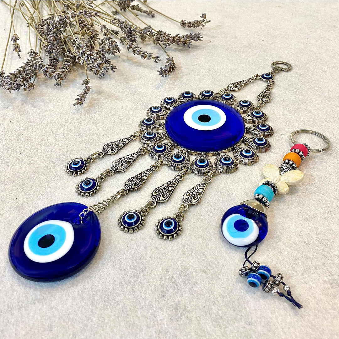Evil Eye Wall Hanging: Large Double Blue Glass Ornament with Keychain - Turkish Greek Eye - Nazar Bead - Metal Home Decoration - Jewish Good Luck House Charm - Evil Eye Wall Decor