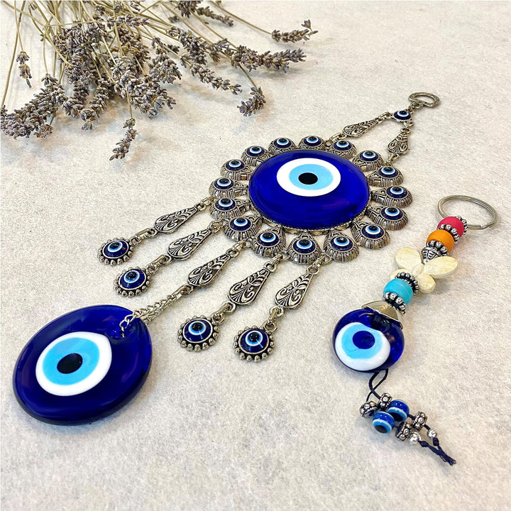 Evil Eye Wall Hanging: Large Double Blue Glass Ornament with Keychain - Turkish Greek Eye - Nazar Bead - Metal Home Decoration - Jewish Good Luck House Charm - Evil Eye Wall Decor