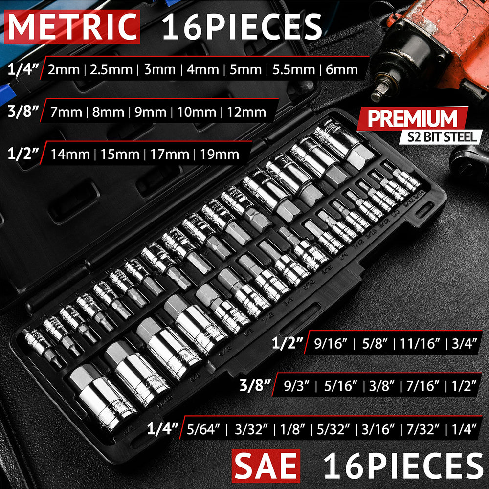 32 PCs Hex Bit Socket Set, SAE and Metric, S2 & Cr-V Steel