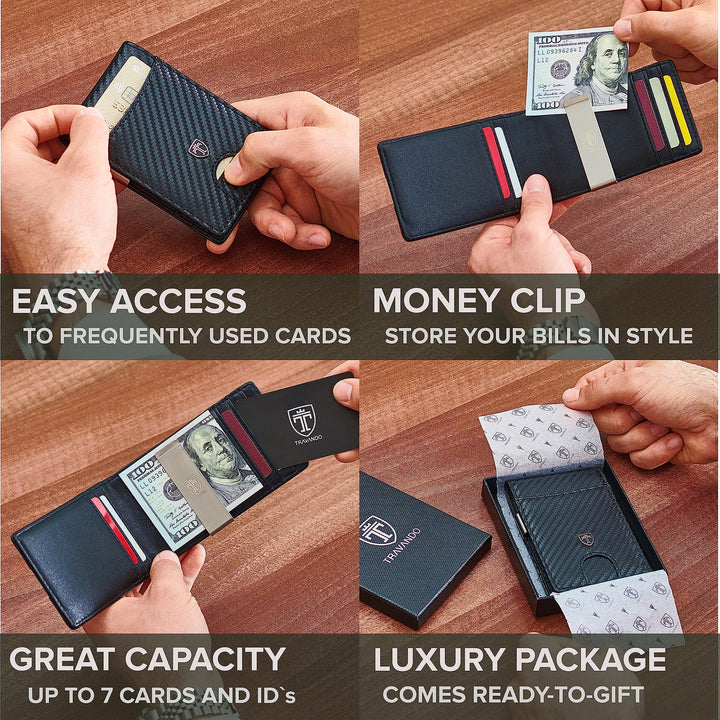 Money Clip Wallet RIO - Mens Wallets slim Front Pocket RFID Blocking Card Holder Minimalist Mini Bifold Gift Box (Carbon Leather, Carbon)