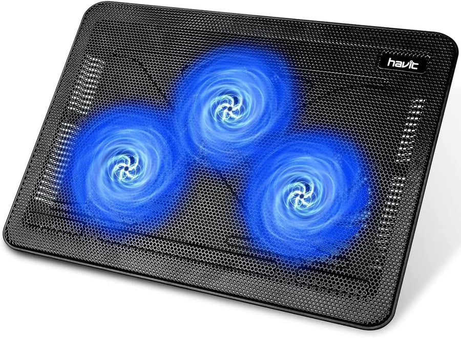 HAVIT laptop cooling pad with three blue LED lights on a white background