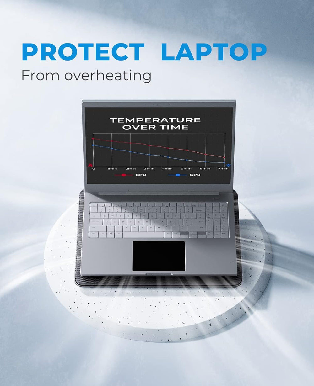 Laptop with temperature monitoring software on screen against a light gray