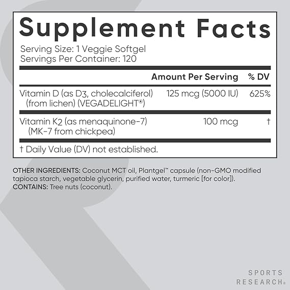 Sports Research® Vitamin D3 + K2 with Coconut MCT Oil | Vegan D3 5000 IU with K2 100 mcg for Bone & Immune Health | Vegan Certified, Soy & Gluten Free - 120 Softgels
