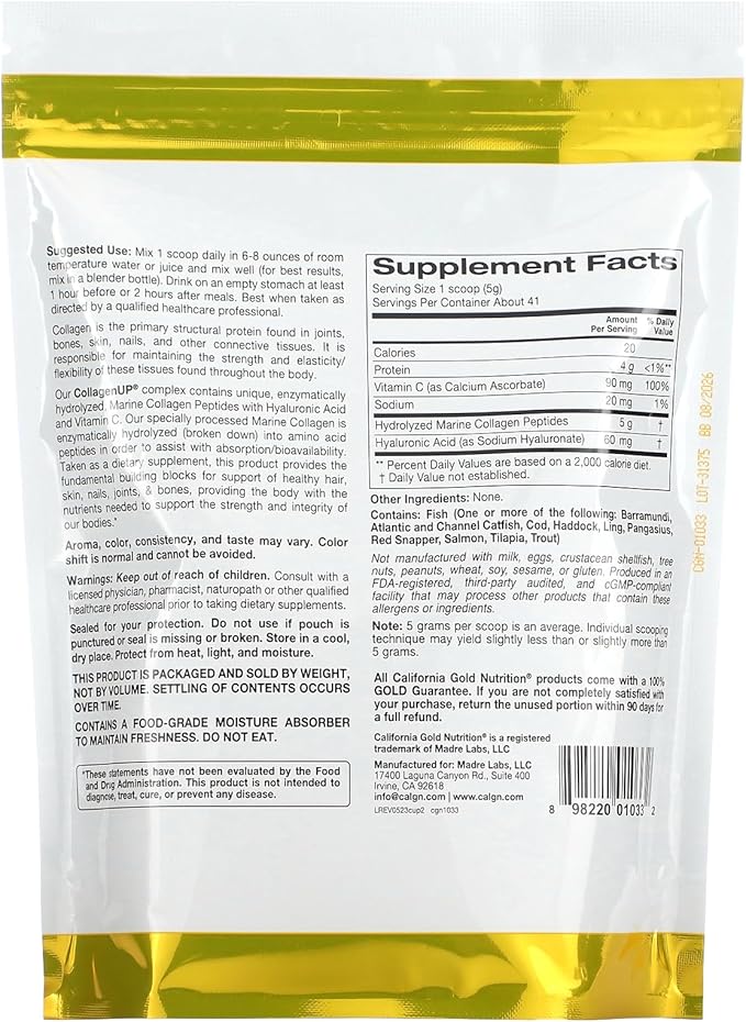 Collagen Peptides Powder with Hyaluronic Acid, Support for Healthy Hair, Skin, Nails, Joints and Bones, Non-GMO, Gluten and Dairy Free, Unflavored, 7.26 oz, Fish Sourced