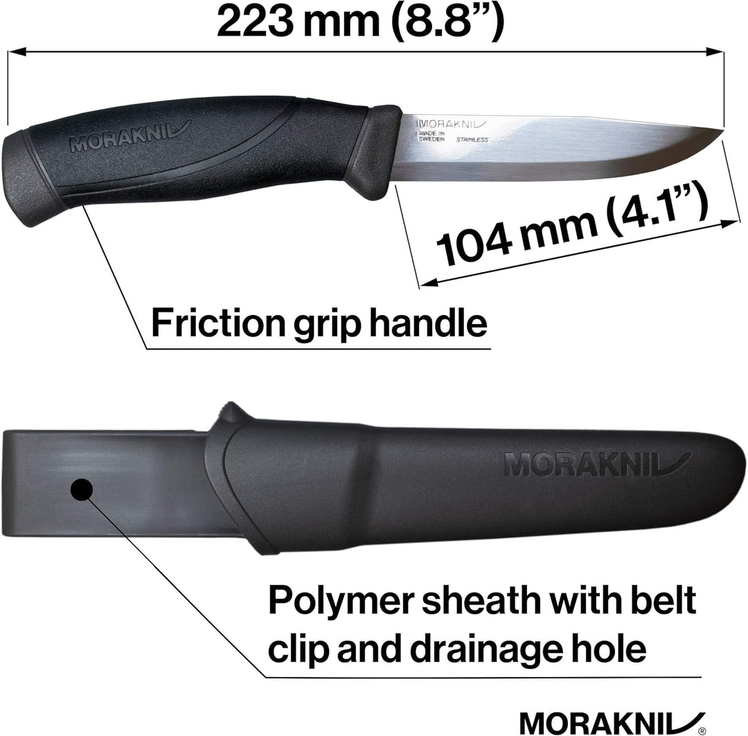 Morakniv Companion Stainless Steel Fixed-Blade Knife with Sheath, 4.1 Inch,Black